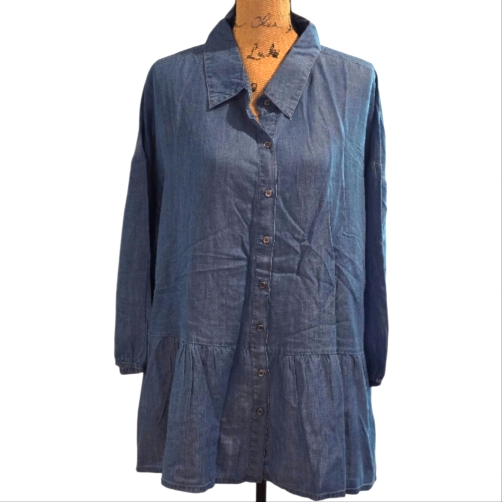 Club Z Blue Button-Up Peplum Chambray Denim Tunic Plus Size 2X 3X New